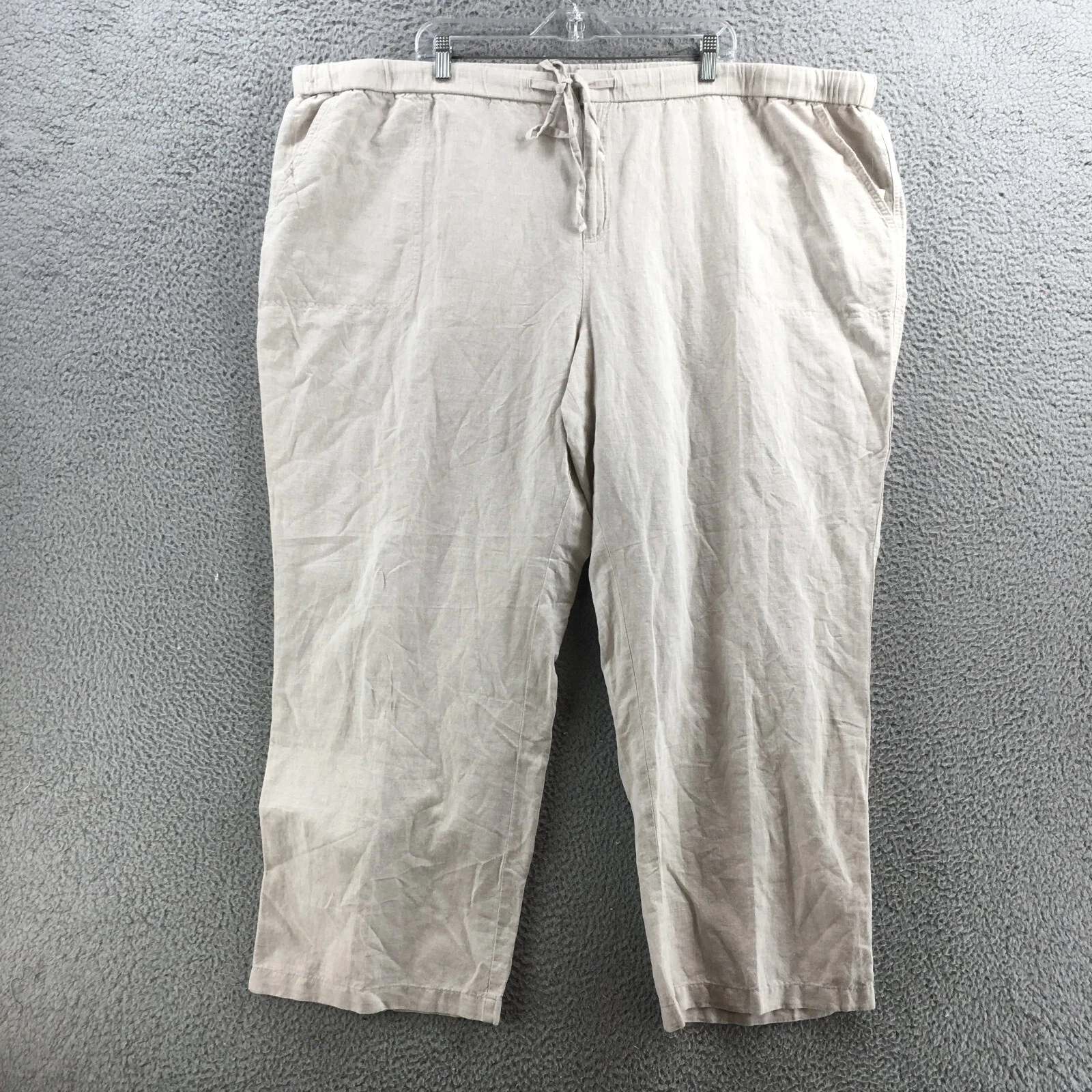 Liz Claiborne Linen Capri Pants Womens 3X Solid Beige High Rise Drawstring