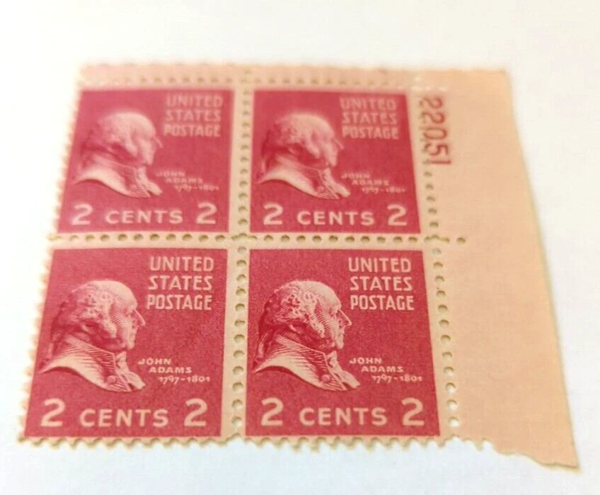 1939 Plate Block 4 Postage Stamp USA Presidential Issue John Adams 2nd President - Image 2 of 4