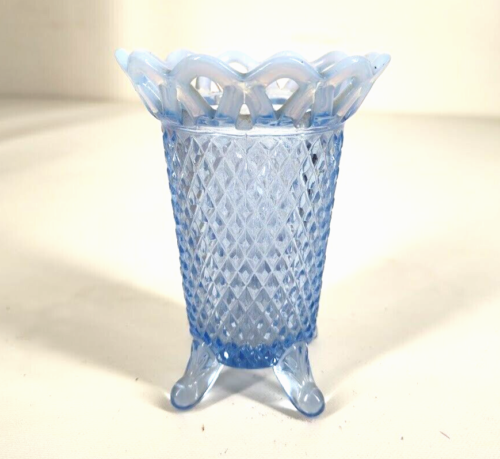 Antique Glass Vase Diamond Cut Scalloped Reticulated Frosted Rim Footed Blue