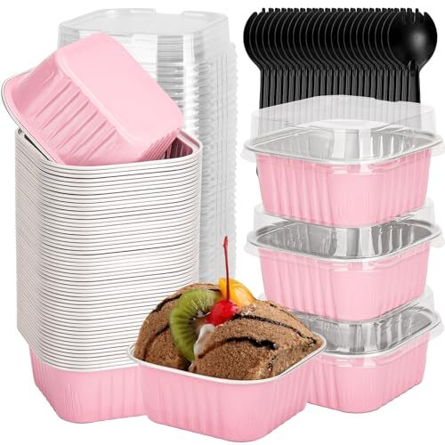 60 Pack Mini Disposable Cake Pans with Lids, Aluminum Foil Square 5oz Pink - Picture 2 of 8
