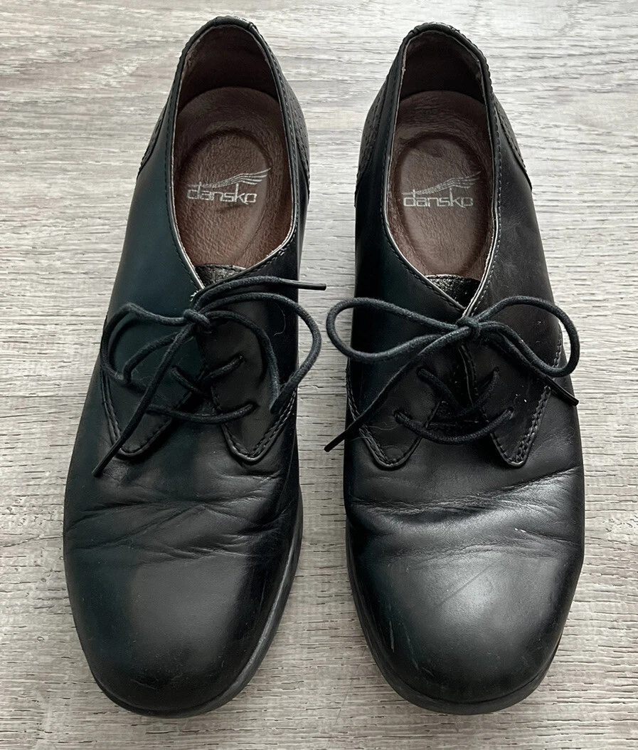 DANSKO Louise Oxford Black Leather Heel Women Comfort Shoe Lace Up