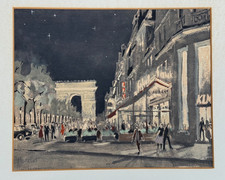 FRANZ HERBELOT PARIS FRANCE AT NIGHT CHAMPS ELYSEES WATERCOLOR AQUATINT FRENCH