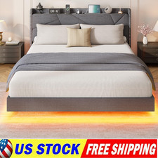 Floating Bed Frame King Queen Full Size Platform with LED Lights USB Charging