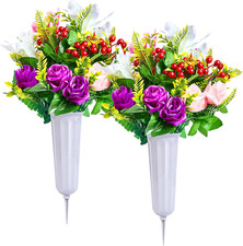 Cemetery Flowers, Artificial Cemetery Flowers for Grave with Vase, Realistic Ros