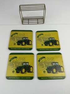 John Deere Metal Cork Coasters In Metal Rack Set of 4