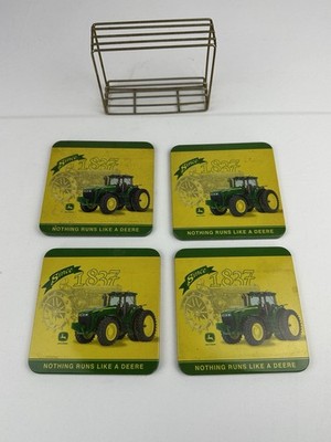 John Deere Metal Cork Coasters In Metal Rack Set of 4