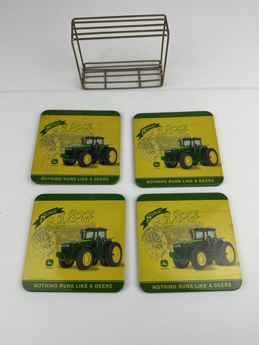 John Deere Metal Cork Coasters In Metal Rack Set of 4