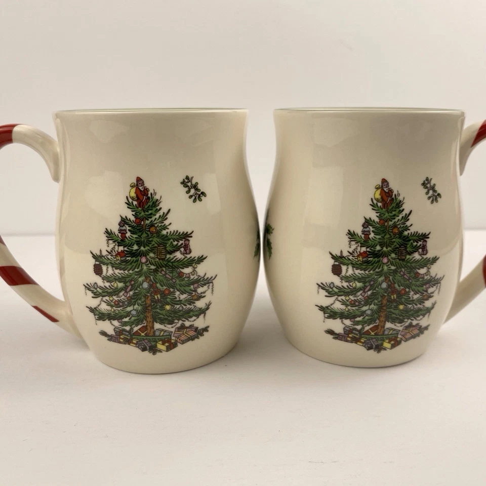 Spode Christmas Tree Mugs Set of Two Peppermint Red Striped Handles - Image 2 of 4