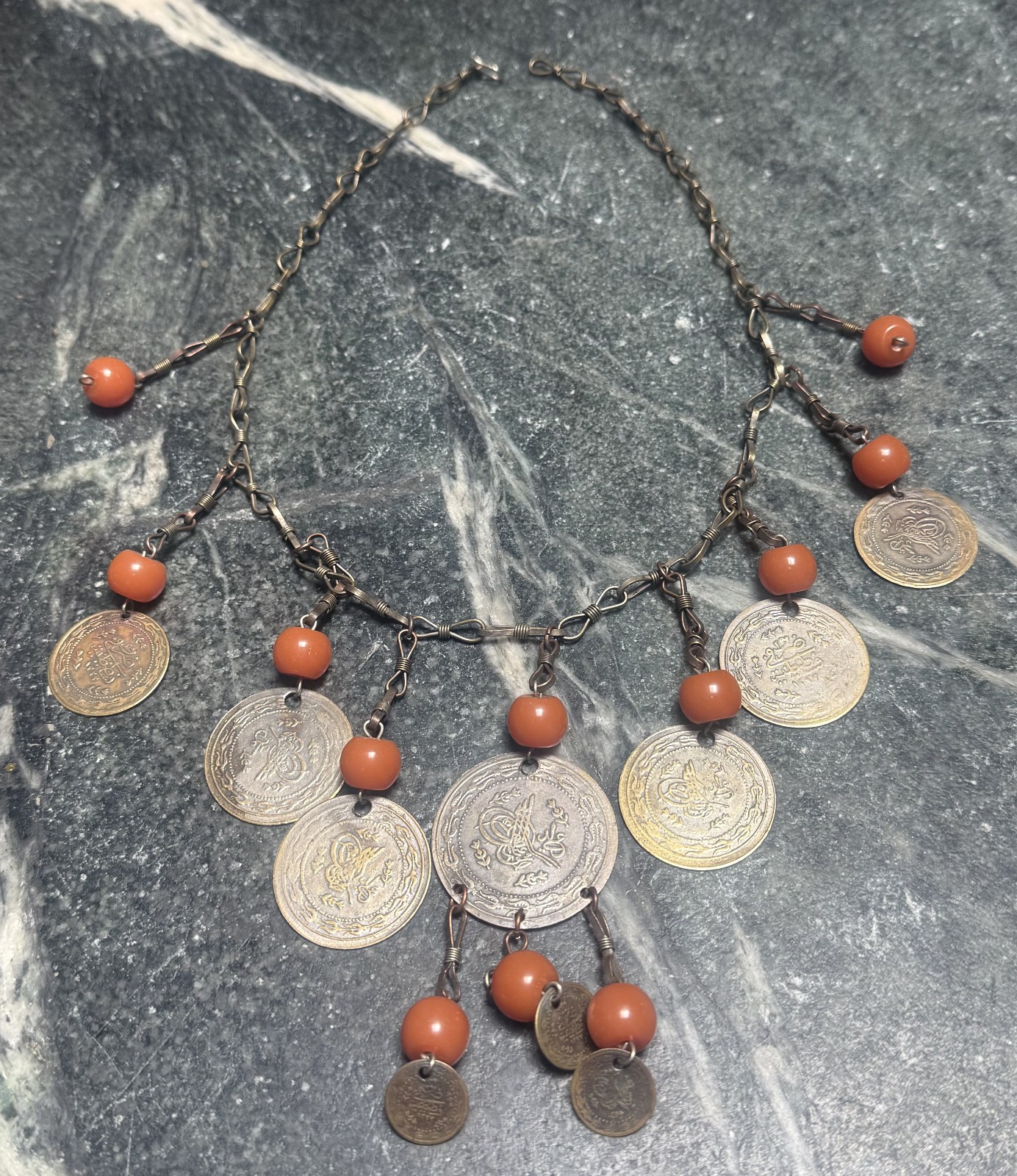 Vintage Middle Eastern Faux Arabic Coin and Butterscotch Bakelite Bead Necklace