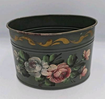 Vintage Handpainted Metal Toleware Oval Tabletop Desk Bin Planter