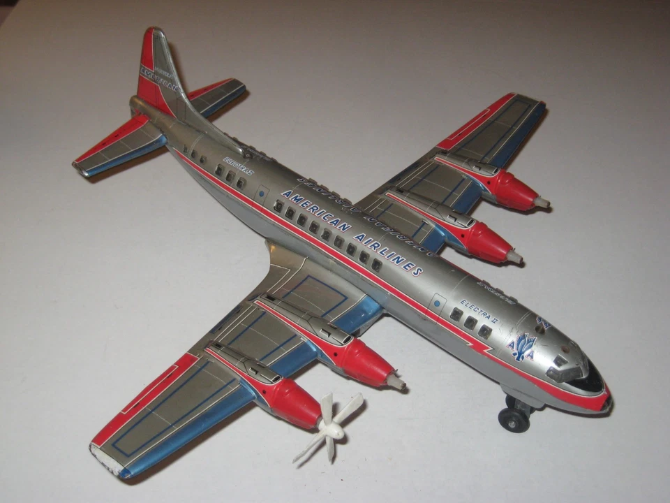 Vintage T.N. Electra II American Airlines batteriebetriebenes Blech Litho Flugzeug