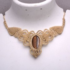 Hand Crafted Natural Tiger's Eye Bohemian Macrame Choker Reiki Gemstone Necklace