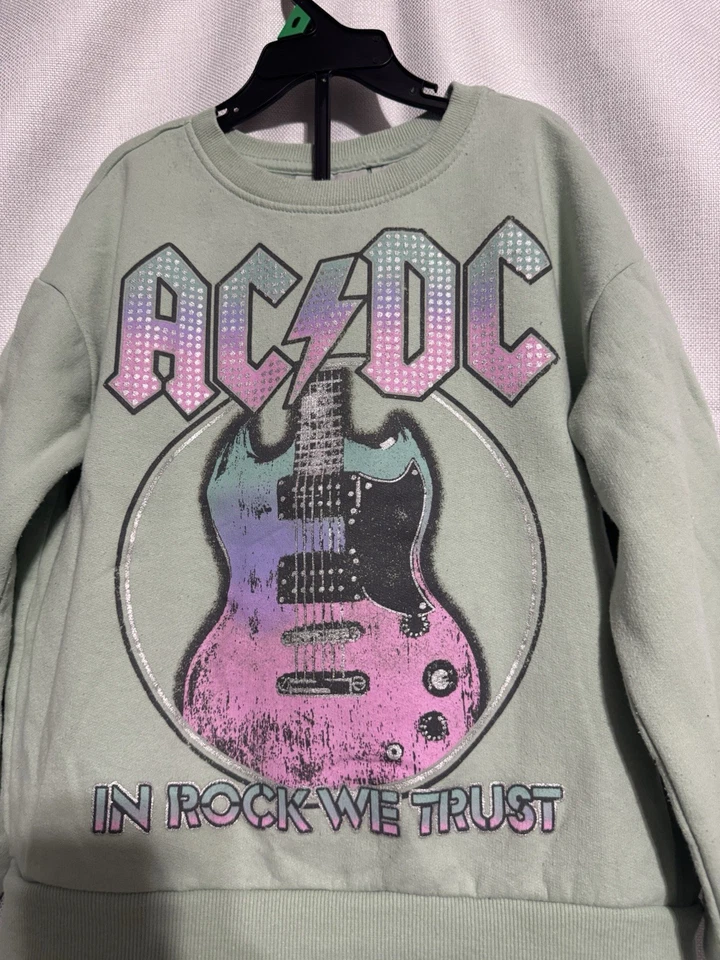 AC/DC Sudadera In Rock We Trust Verde Gráfico Sudadera Unisex Niños Talla 7/8 Foto 4 de 4