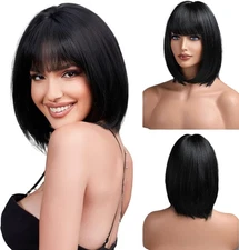 Natural Halloween Straight Black Dress Up Wigs With Fringe Synthetic Hair