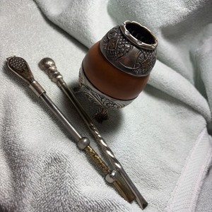 Mate Cup & 2 Bombilla’s 18K Gold & 800 Silver Handmade Argentina Marked
