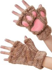Cat Paws Gloves Fingerless Bear Furry Paw Cute Hand Gear One Size, Khaki