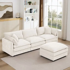 Modern Chenille Sectional Sofa L-Shaped 3-Seater Modular Set w/ Movable Ottoman