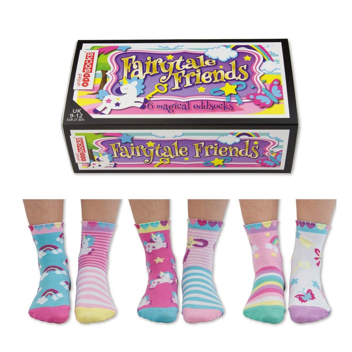United Oddsocks Fairytale Friends Six Girls Unicorn Mismatch Pink UK 9-12 Socks