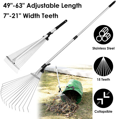 63in Adjustable Garden Leaf Rake 15 Teeth Expanding Stainless Steel Lawn Rake