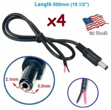 4-Pack DC Power Pigtail Cables 5.5x2.5mm Male Plug 24AWG for LED 50cm