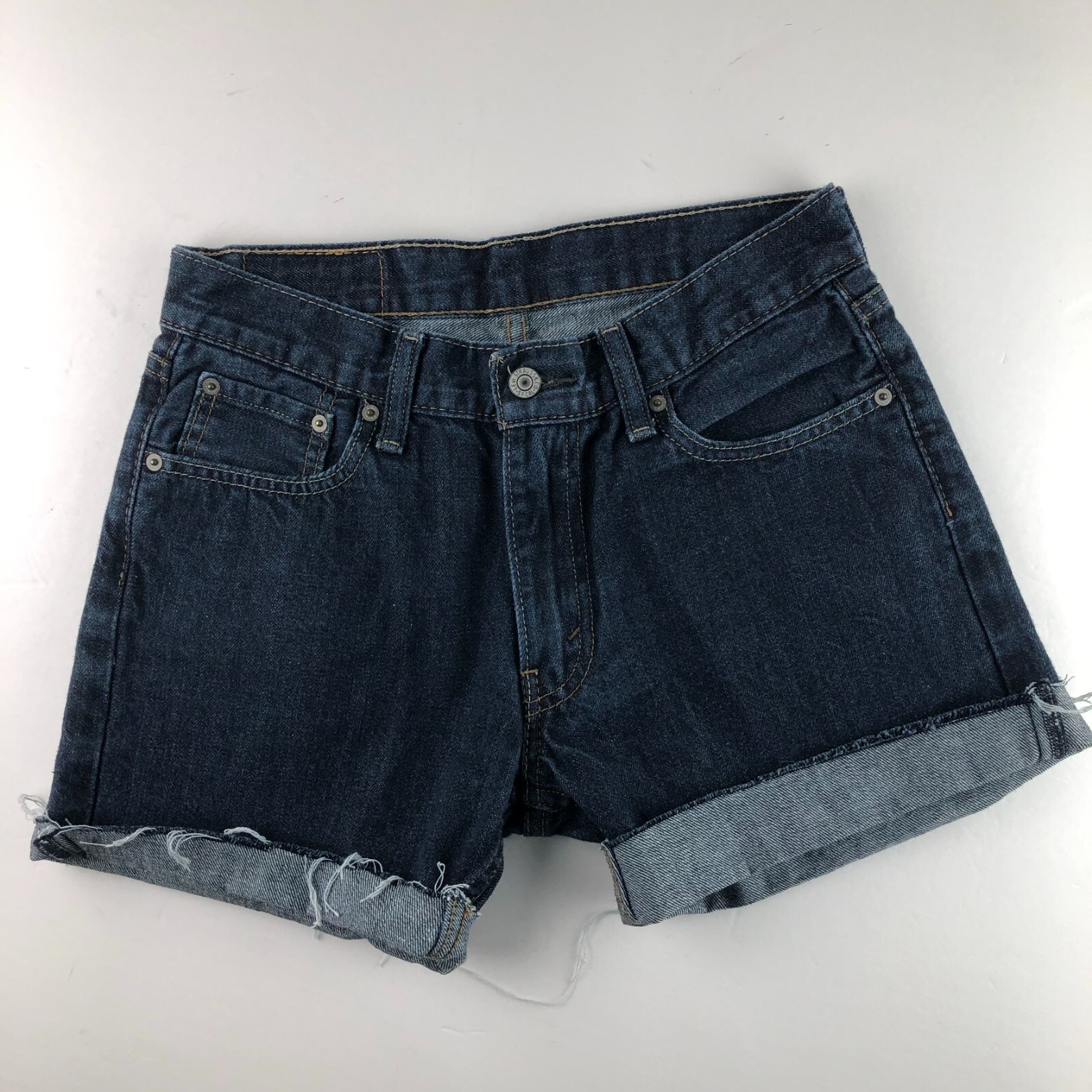 Levi's 514 Women's Dark Wash Cuffed Denim Shorts Distressed Hem Mid