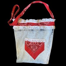 Vintage 1990s 90s Handmade Red Bandana Lace Denim Jean Purse