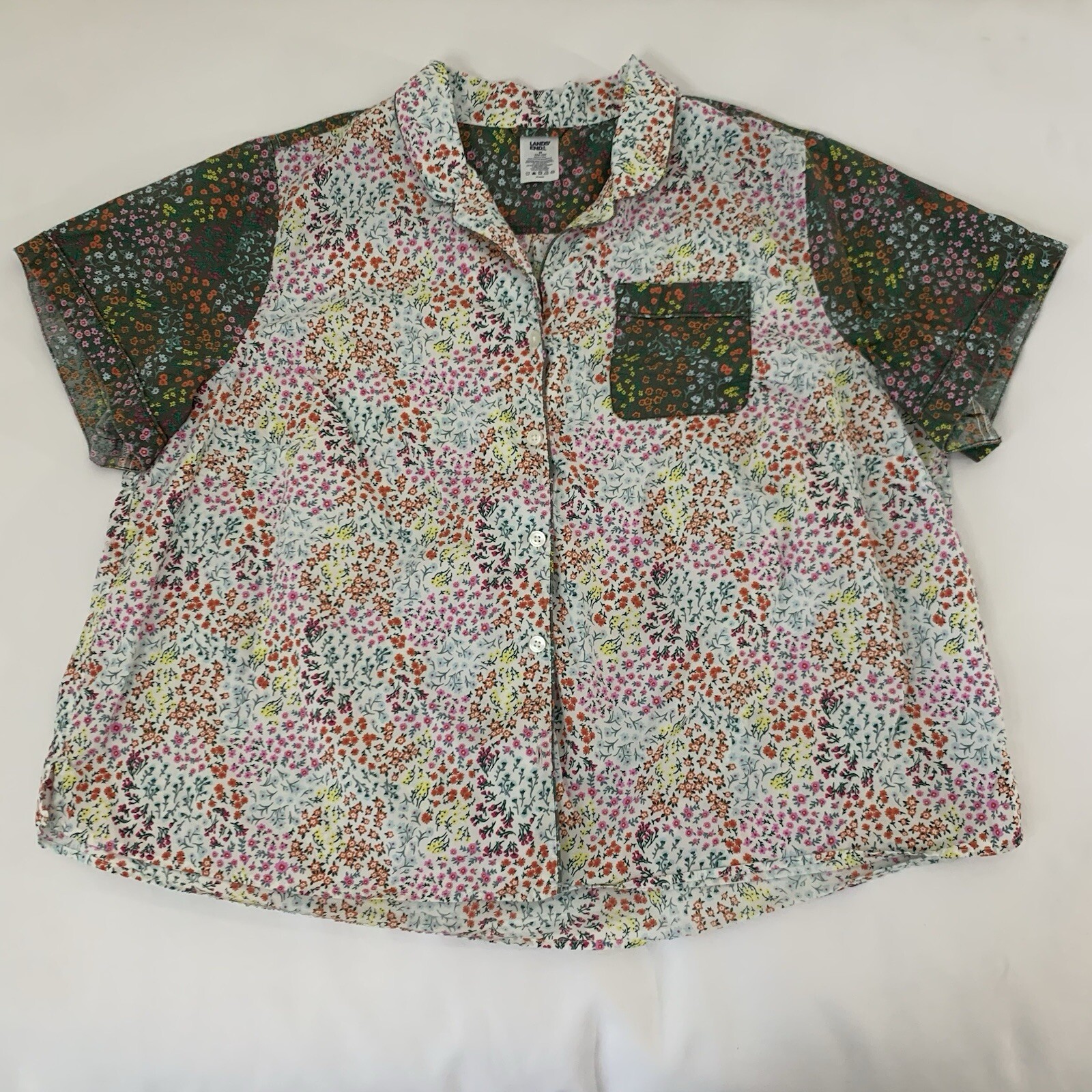 Boho Floral Patchwork Camp Shirt for Women 2X in Green Cottagecore Style