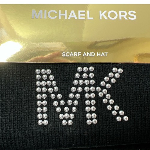 Michael Kors Logo Womens Black Knit Dome Studded Beanie Hat and Scarf Sets New - Picture 4 of 5