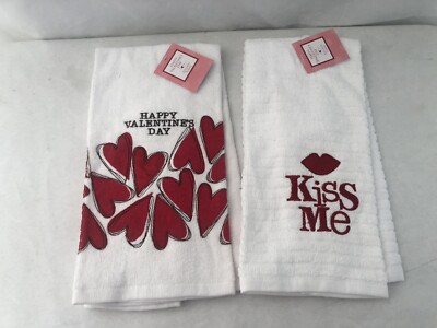Valentine's Day Kitchen Towel Lot of 2 Cotton Heart Kiss NWT