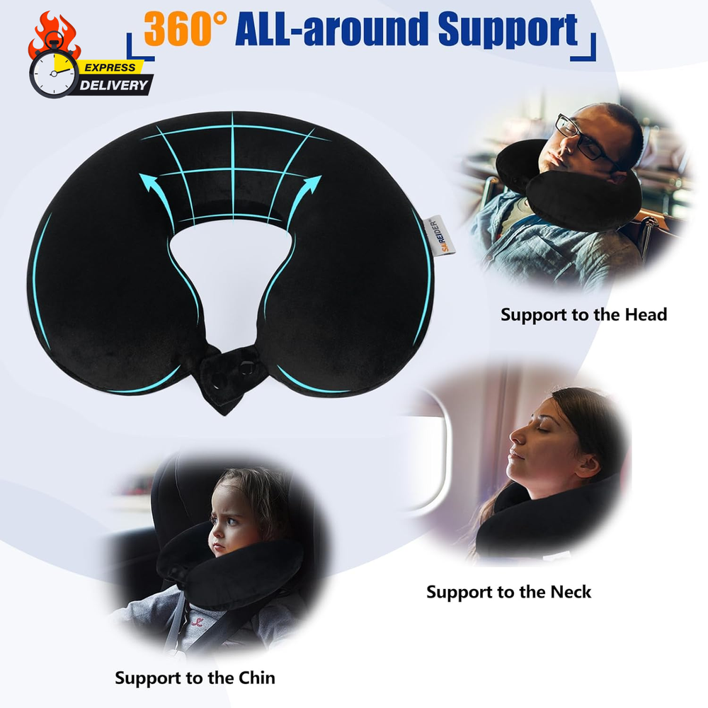 Ultra-Comfy 100% Memory Foam Travel Neck Pillow for Airplanes & Trips