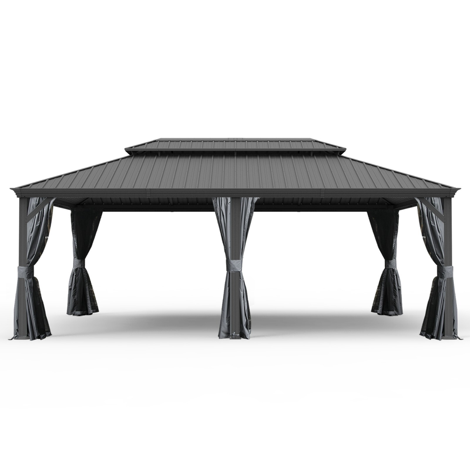 Domi 14x24Ft Hardtop Gazebo Double Roof w/Curtain&Netting,Built-in gutter system