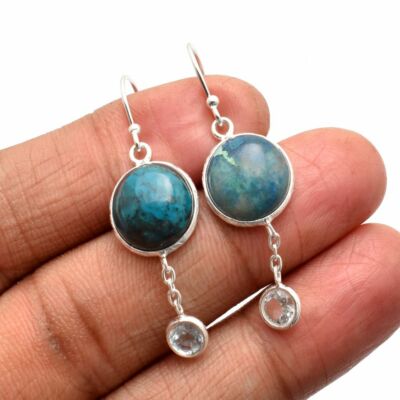 Azurite Blue Topaz Solid 925 Sterling Silver Earring Jewelry 1.6