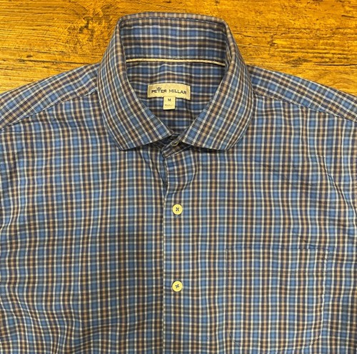 Peter Millar Plaid Check Blue Brown Button Up Casual Dress Shirt Men's Size Med - Picture 3 of 8