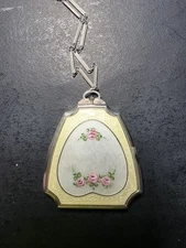 1920's EAM Art Deco Yellow Enamel w/ Roses Guilloche Wristlet Heart Compact
