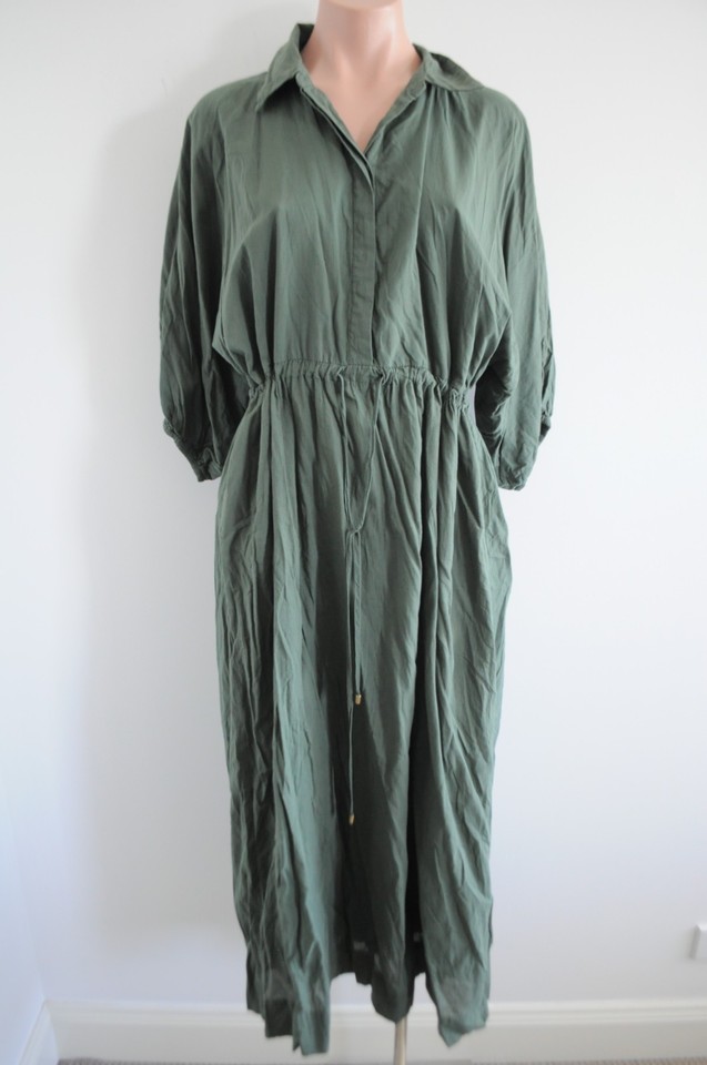 Decjuba Shirt Maxi Dress Size 12 Green Half Sleeve Pockets Elastic Waist Cotton