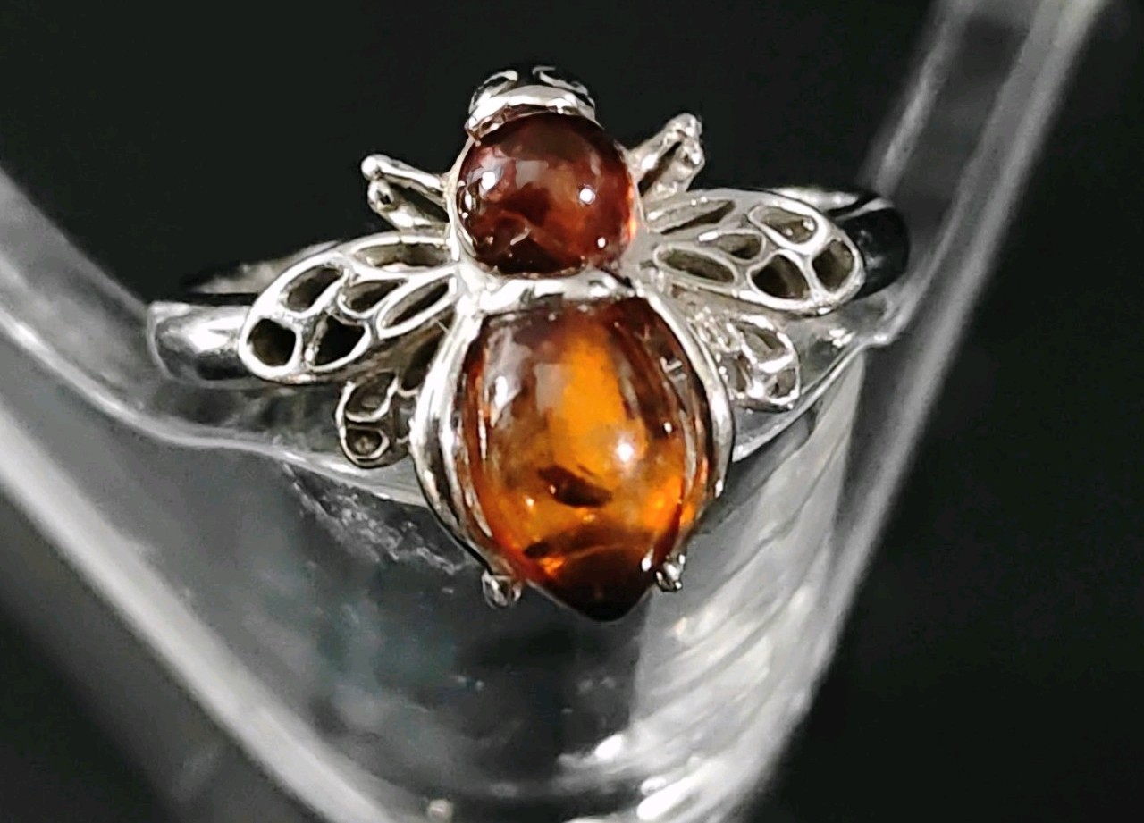 Cognac Amber Bumblebee Ring Solid Sterling Silver… - image 3