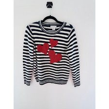 Cupcakes Cashmere Navy White Striped Red Heart Crew Neck Sweater-Size XS
