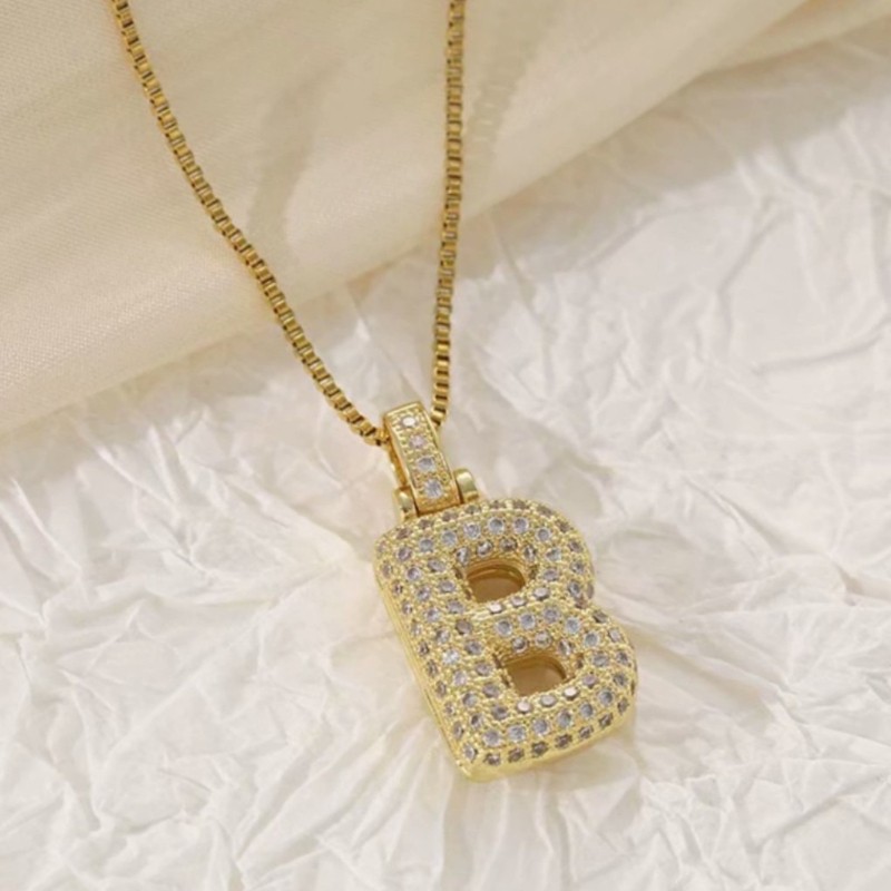 Women's Sweater Chain Shining CZ Pave Bubble Initial B Pendant Necklace Golden