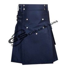 Custom Made Scottish Traditional Black Drill Cotton Utility Kilt for Men Sizes