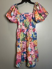 Womens S Multicolor Floral Smocked Square Neck Puff Sleeve Fit & Flare Dress