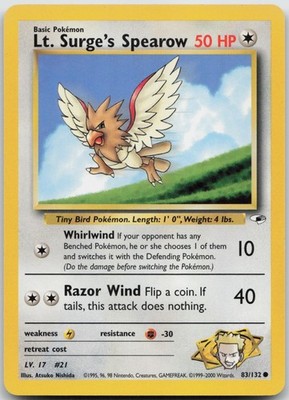 Lt. Surge's Spearow 83/132 Common Gym Heroes Pokemon Unlimited LP-NM
