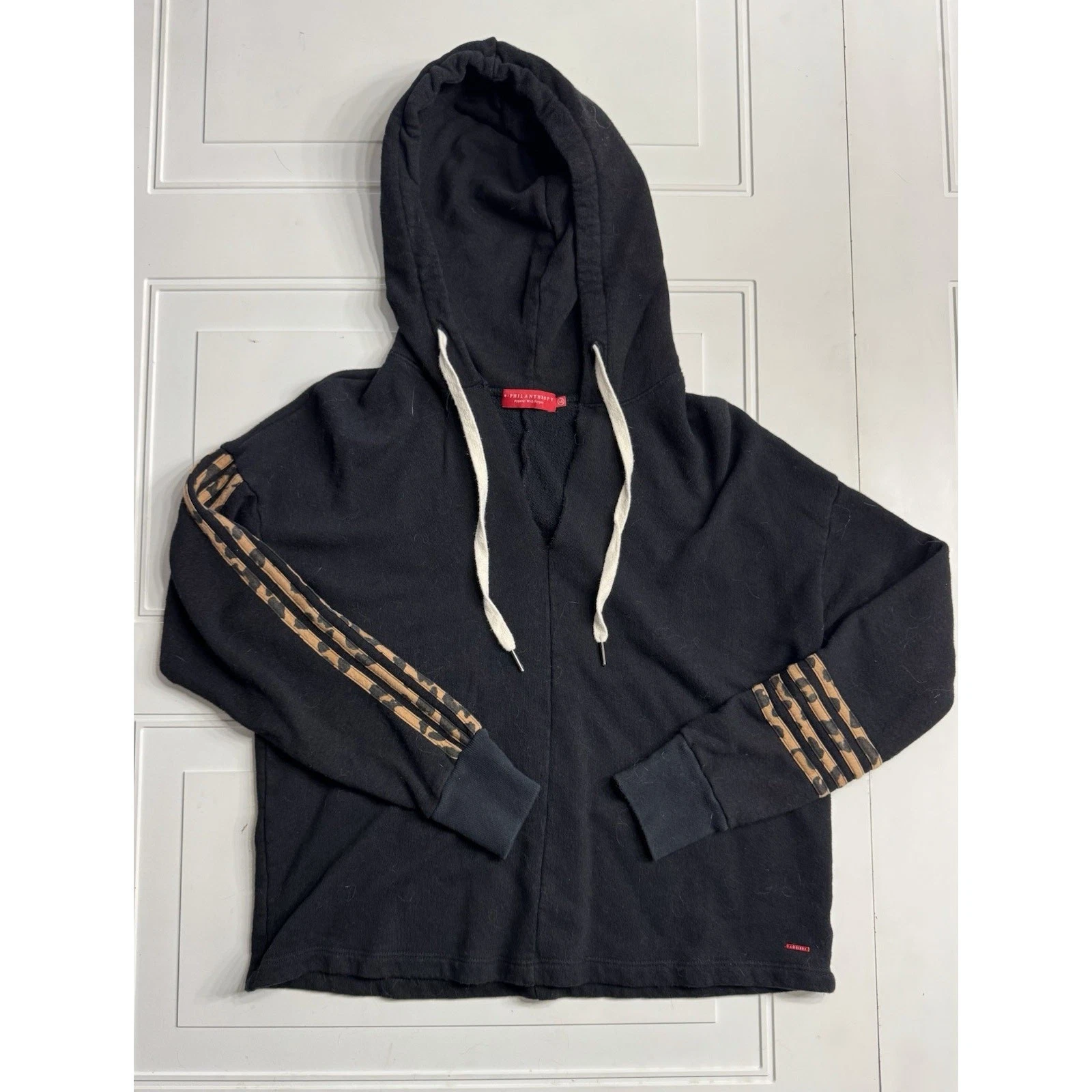 n: Philanthropy Womens Abbie Raw Neck Hoodie Hooded Sweatshirt M Black Leopard