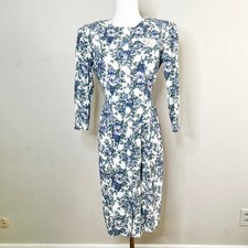 Vintage Jonathan Martin Knee Length Dress Floral Button Front Sz 7/8 White Blue