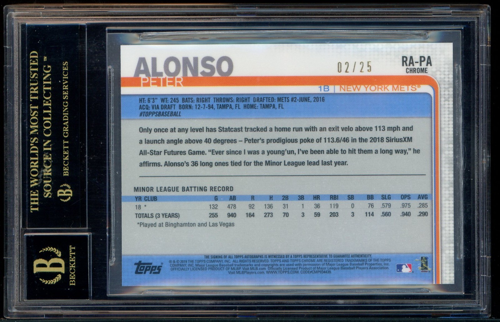 2019 Topps Chrome Orange Refractor Pete Alonso /25 BGS 10 w/ 10 AUTO BLACK LABEL view 2