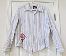 Mixit Long Sleeve White w/Stripes Button Blouse Floral Embroidery Cotton Large