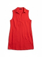 Tahari Red Linen Blend Sleeveless Shift Dress Sz 12 Pockets V-Neck Shift Pockets