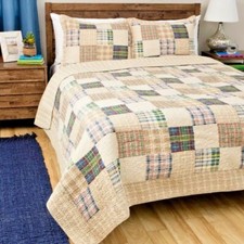 Quilt Set King Patchwork Tan Blue Plaid Cotton Pillow Shams Reversible Bedding
