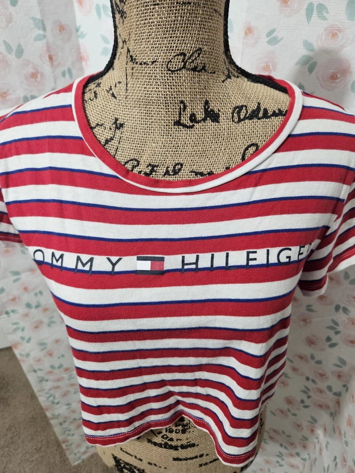 TOMMY HILFIGER 女式红色/白色/蓝色棉条纹睡衫带标志,M 码 — 第 2/4 张图片