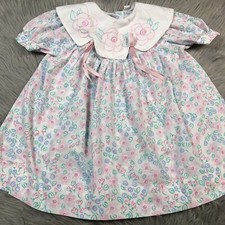 Vintage Toddler Girls Pink White Blue Green Floral Ribbon Dress