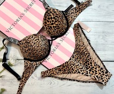 Victoria's Secret Swim Shine Strap Push up 2 cups Top Brazilian Set Leopard
